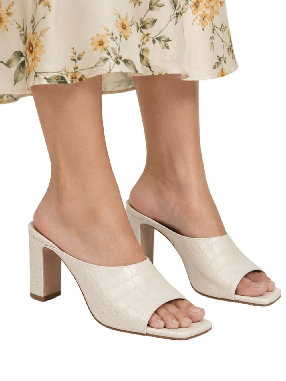 Reformation Luella Block Heeled Sandal Ivory Croc Embossed Leather Mules 7.5